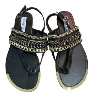 Madden Girl Vivian Slingback Sandals Metallic Gold Chains Black Size 7